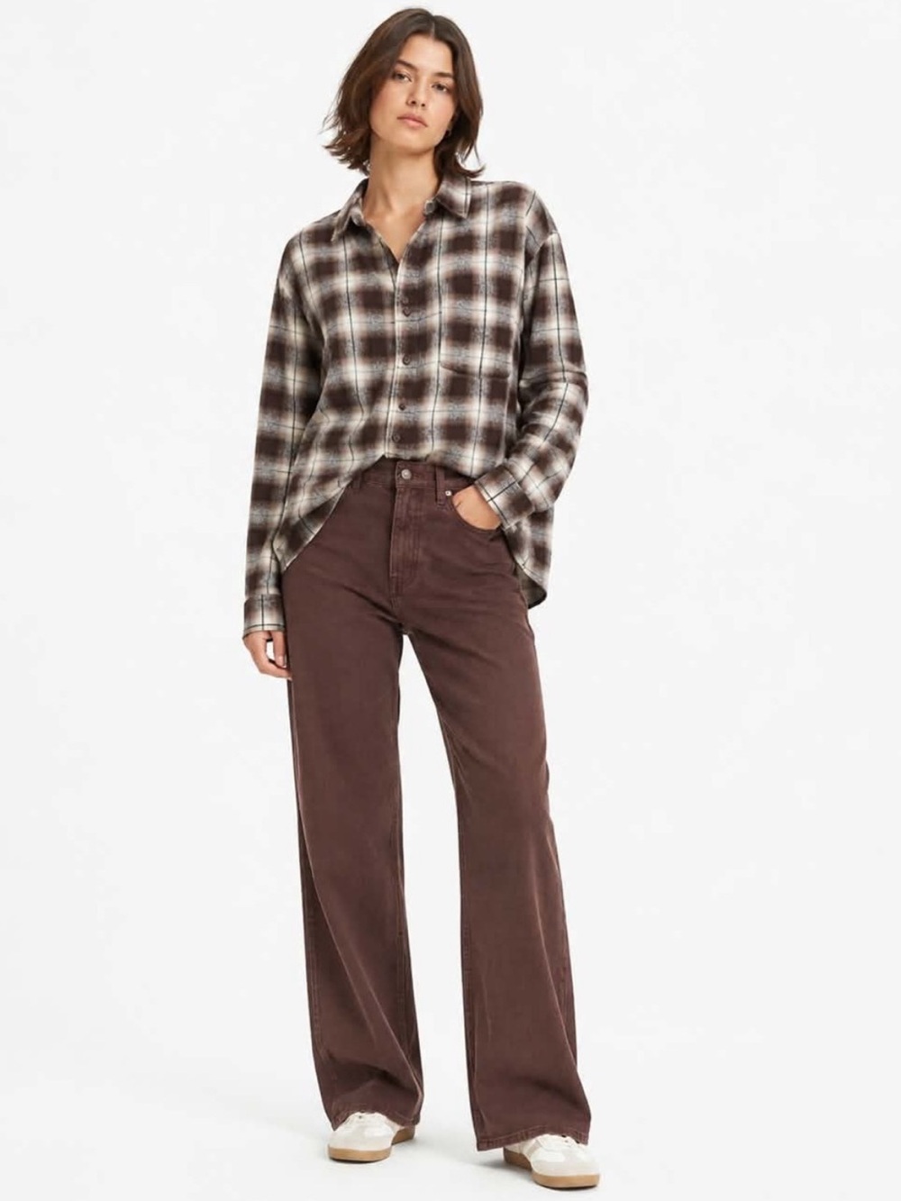 Garage White & Brown “Dylan” Oversized Button Down Flannel Shirt – XS/S